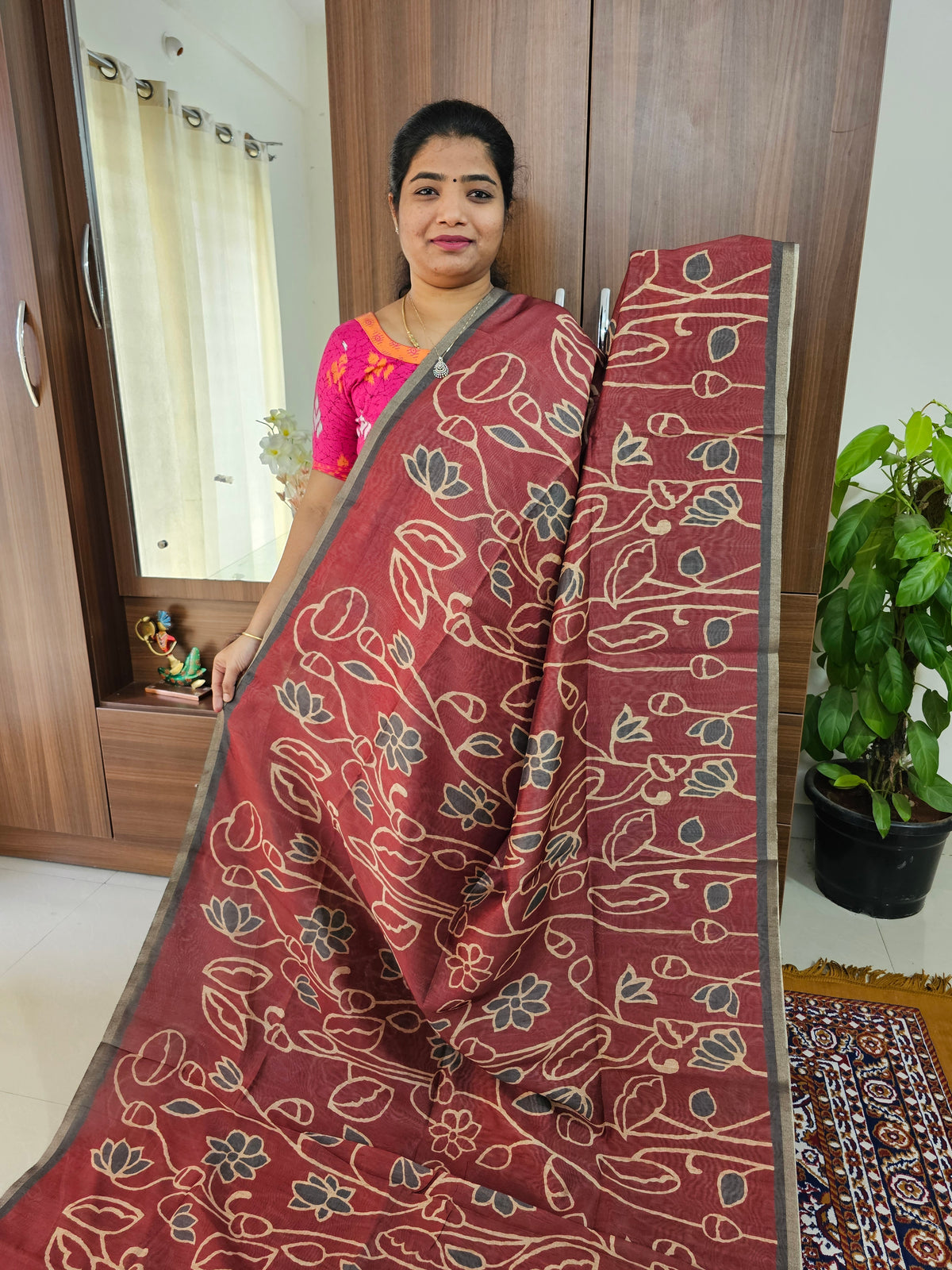 Semi Ghicha Floral Printed Saree - Maroon with Grey
