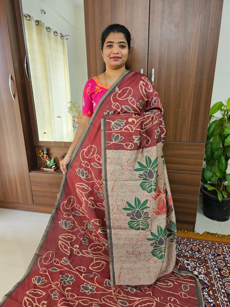 Semi Ghicha Floral Printed Saree - Maroon with Grey