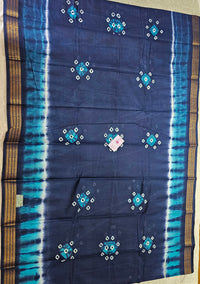 Madurai Sungadi Cotton Saree with Small Borders - Navy Blue with Sky Blue