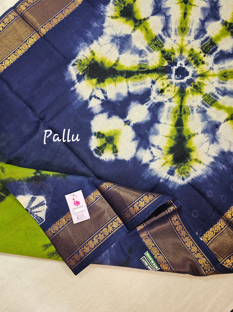 Madurai Sungadi Cotton Saree with Big Borders - Green with Navy Blue