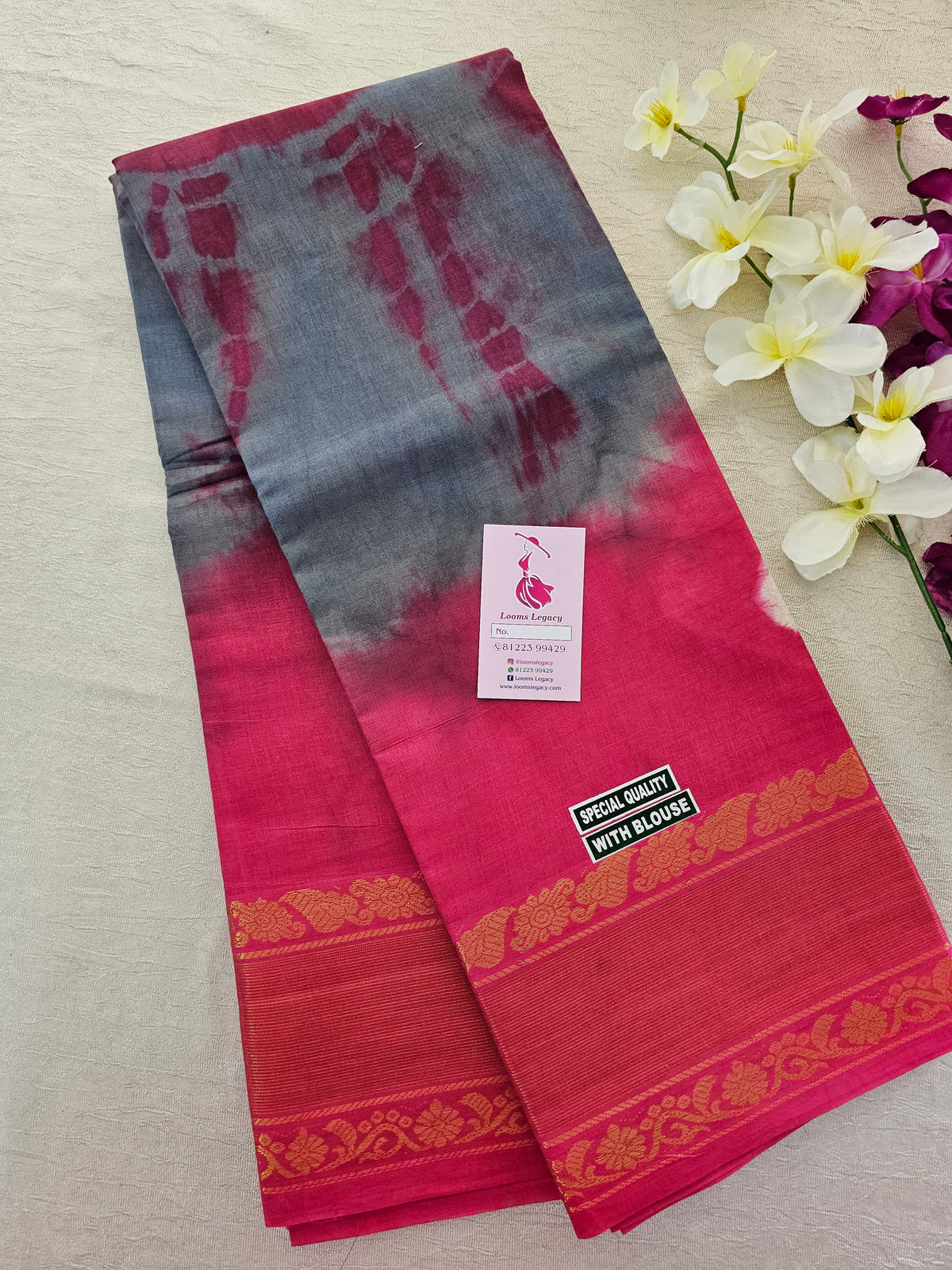 Madurai Sungadi Cotton Saree with Big Borders - Grey with Pink