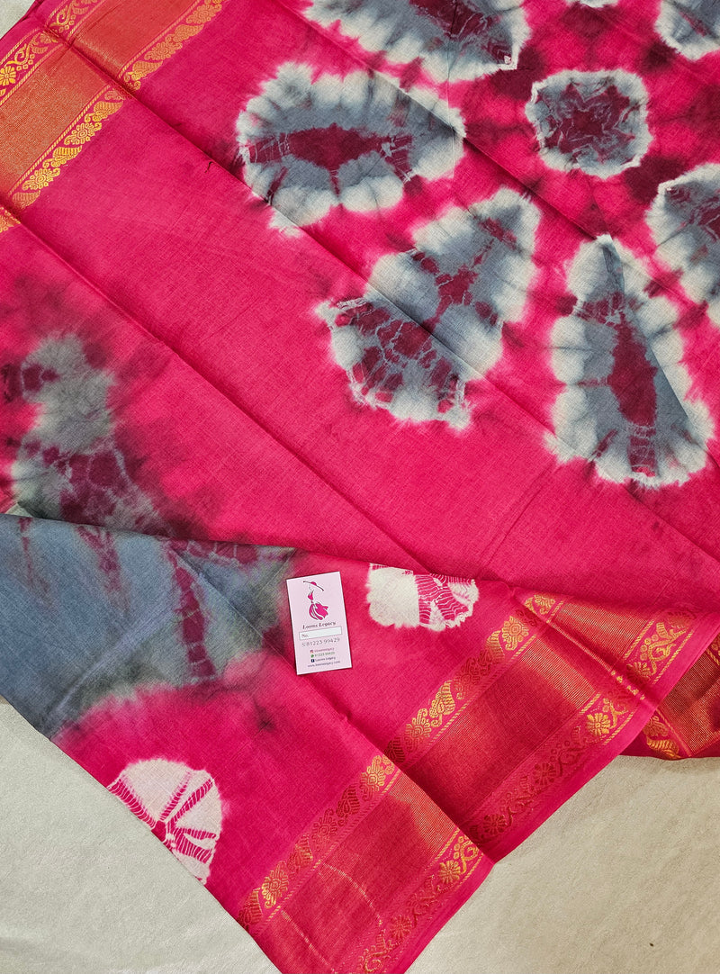 Madurai Sungadi Cotton Saree with Big Borders - Grey with Pink