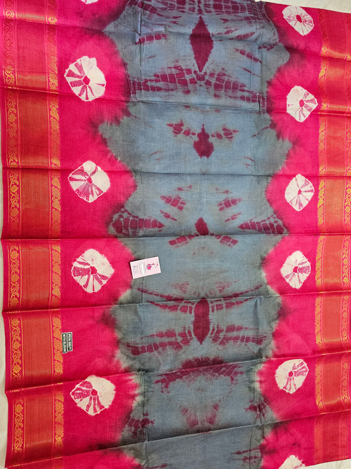 Madurai Sungadi Cotton Saree with Big Borders - Grey with Pink