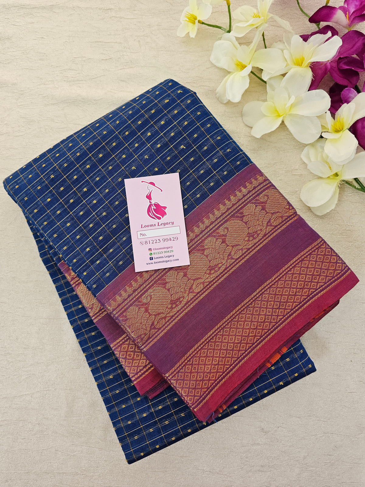 Peacock Blue with Maroon Lakshadeepam Pattern Kanchi Cotton Sarees