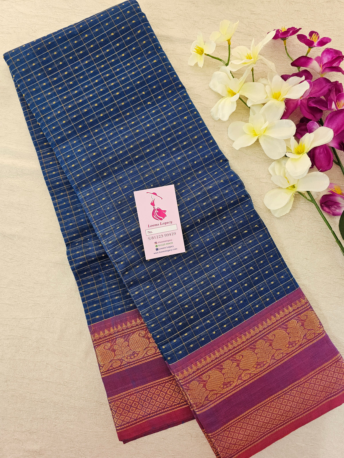 Peacock Blue with Maroon Lakshadeepam Pattern Kanchi Cotton Sarees