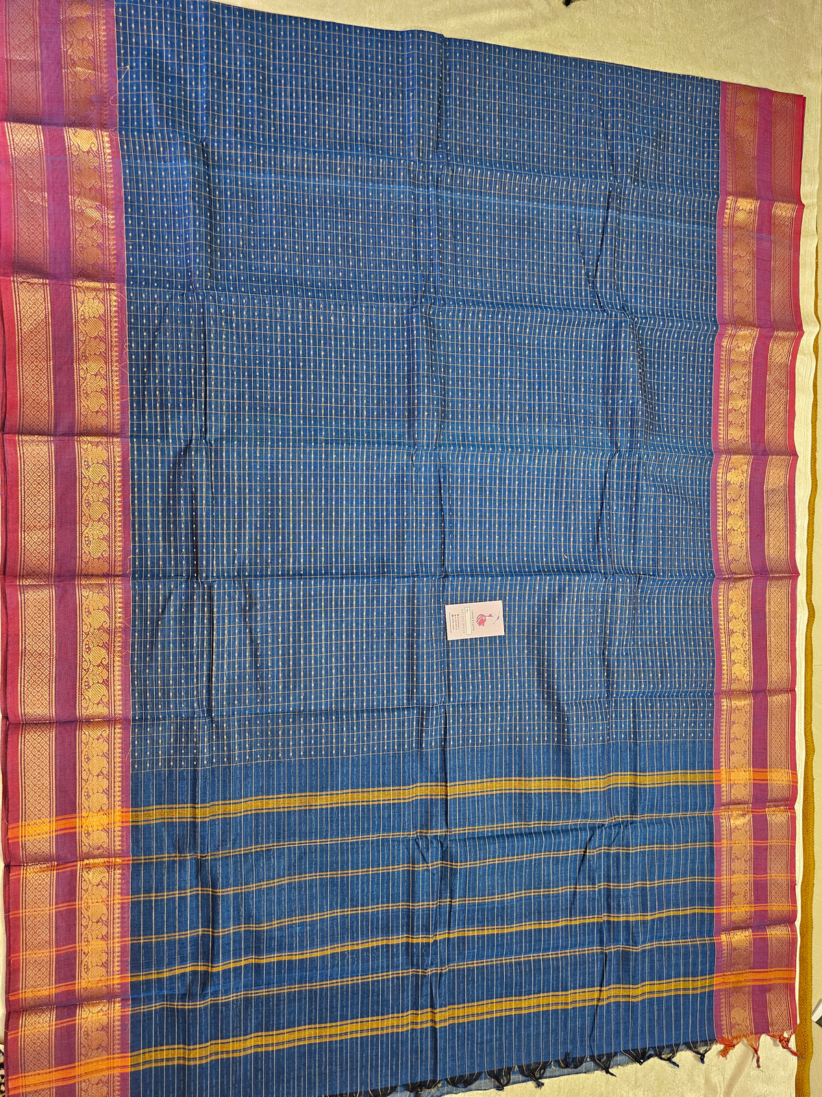 Peacock Blue with Maroon Lakshadeepam Pattern Kanchi Cotton Sarees