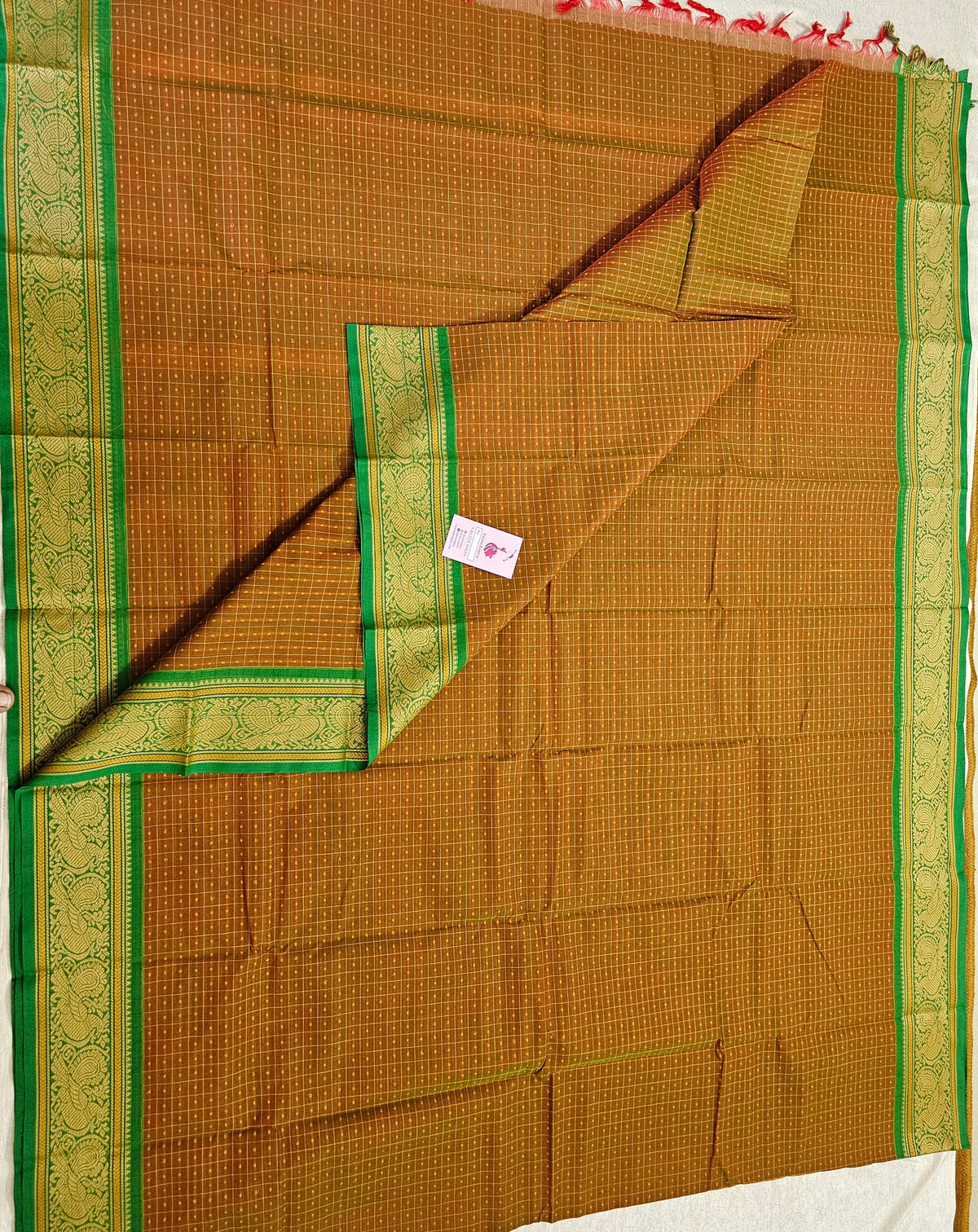 Dual Shade Brown cum Yellow with Green Lakshadeepam Pattern Kanchi Cotton Sarees