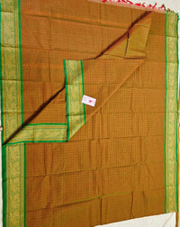 Dual Shade Brown cum Yellow with Green Lakshadeepam Pattern Kanchi Cotton Sarees