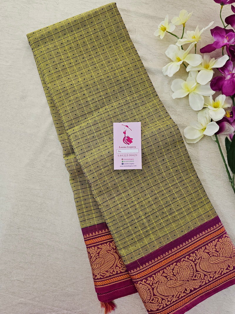 Lime Green with Pink Lakshadeepam Pattern Kanchi Cotton Sarees