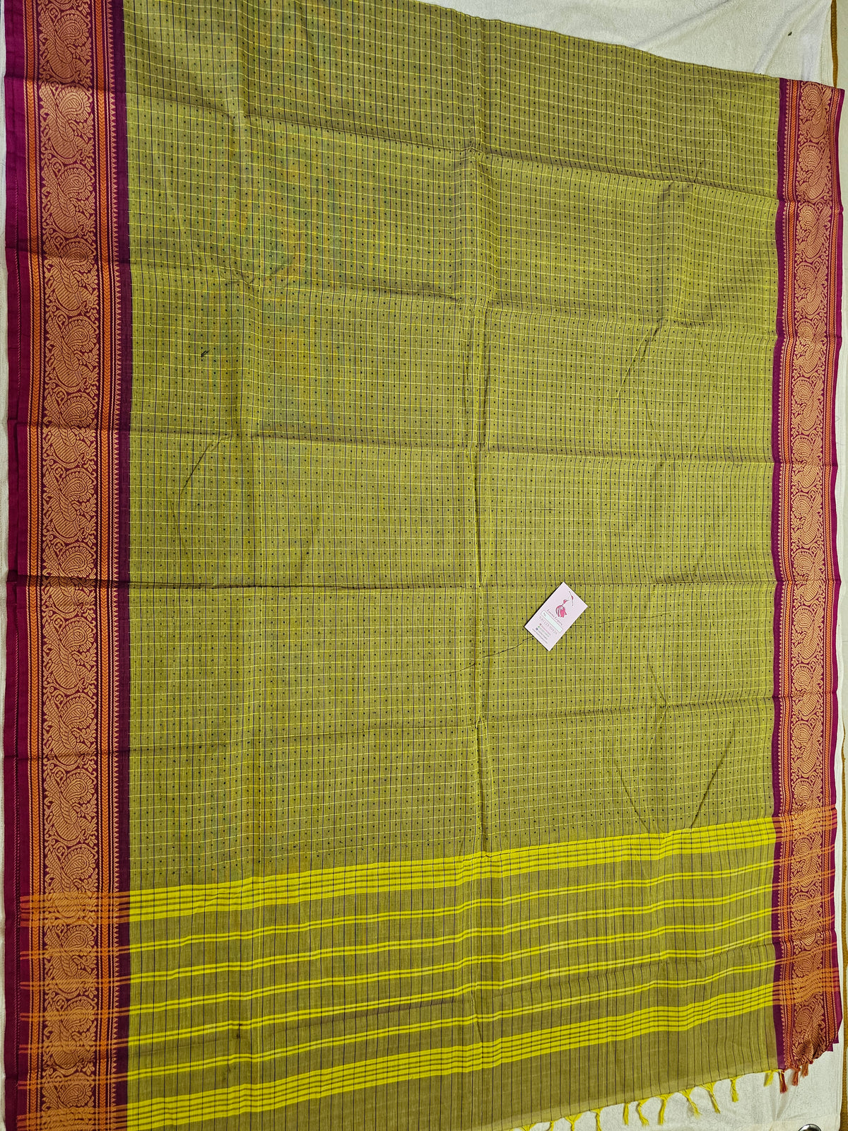 Lime Green with Pink Lakshadeepam Pattern Kanchi Cotton Sarees