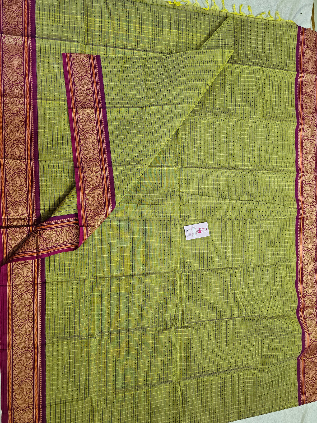 Lime Green with Pink Lakshadeepam Pattern Kanchi Cotton Sarees