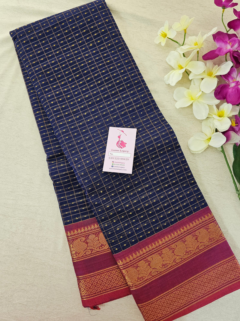 Blue with Maroon Lakshadeepam Pattern Kanchi Cotton Sarees