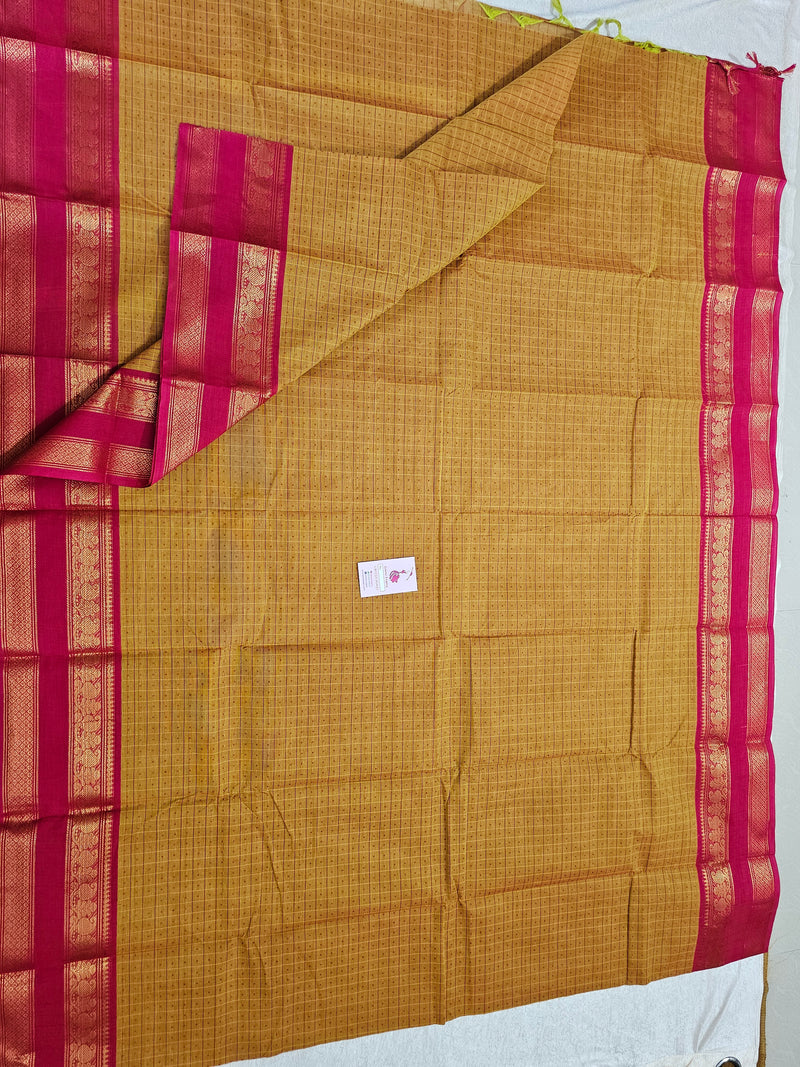 Dual Shade Yellow cum Brown with Pink Lakshadeepam Pattern Kanchi Cotton Sarees