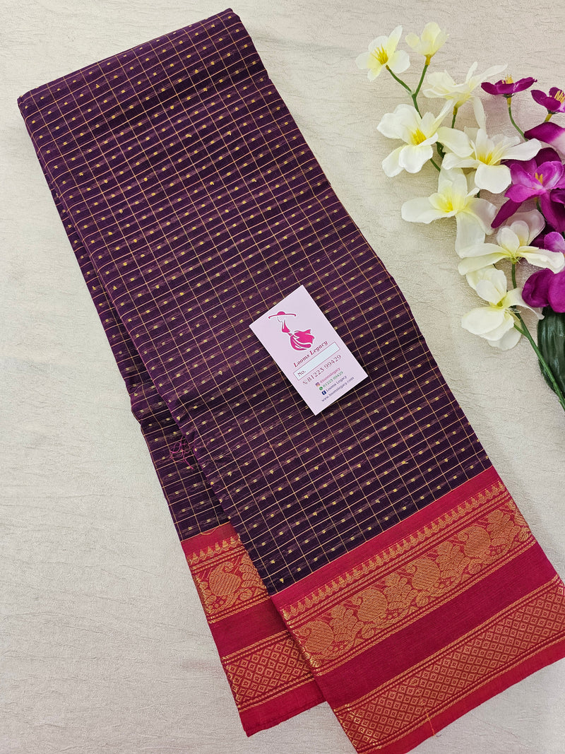 Purple with Red Lakshadeepam Pattern Kanchi Cotton Sarees