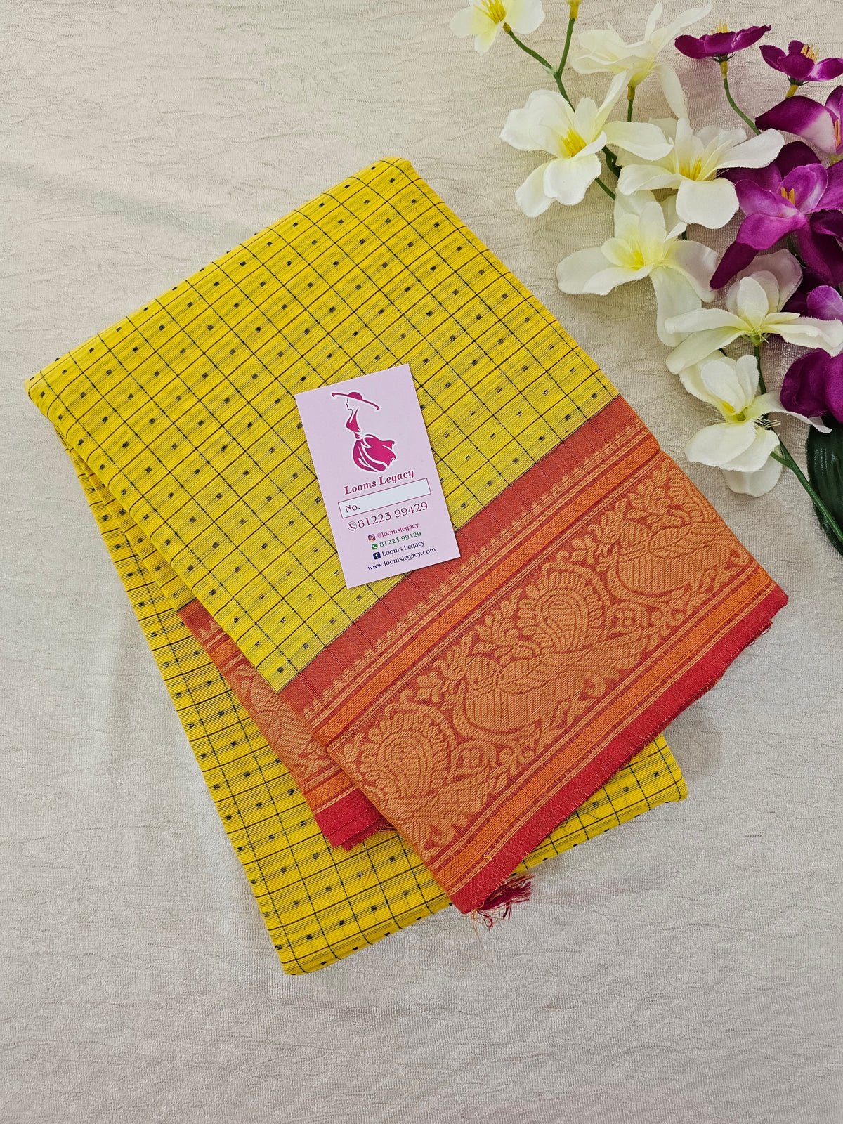 Yellow with Orange Lakshadeepam Pattern Kanchi Cotton Sarees