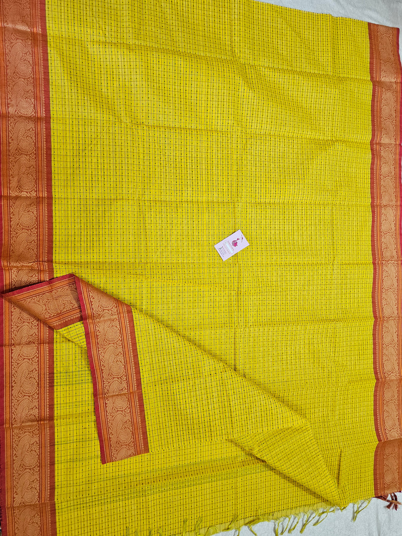 Yellow with Orange Lakshadeepam Pattern Kanchi Cotton Sarees