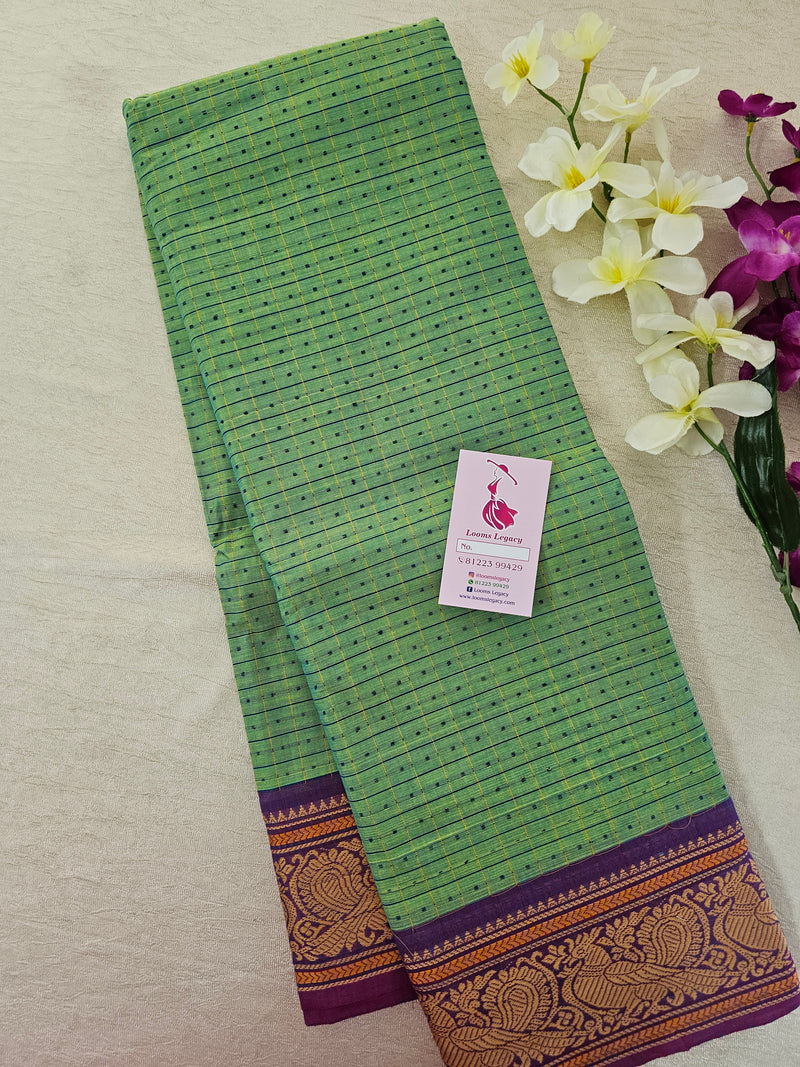 Green with Purple Lakshadeepam Pattern Kanchi Cotton Sarees