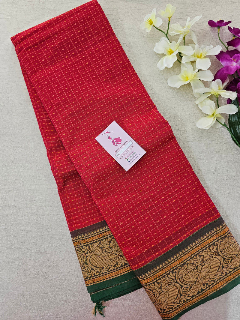 Red with Green Lakshadeepam Pattern Kanchi Cotton Sarees