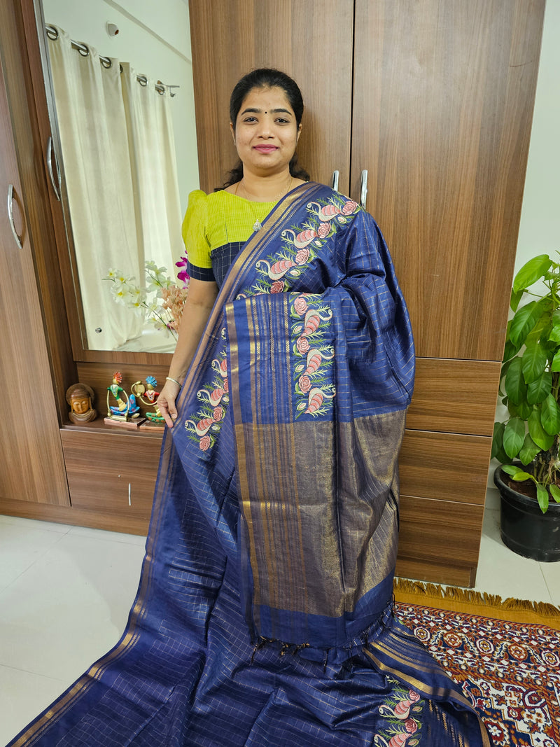 Semi Tussar Checks with Emboridery Saree - Navy Blue