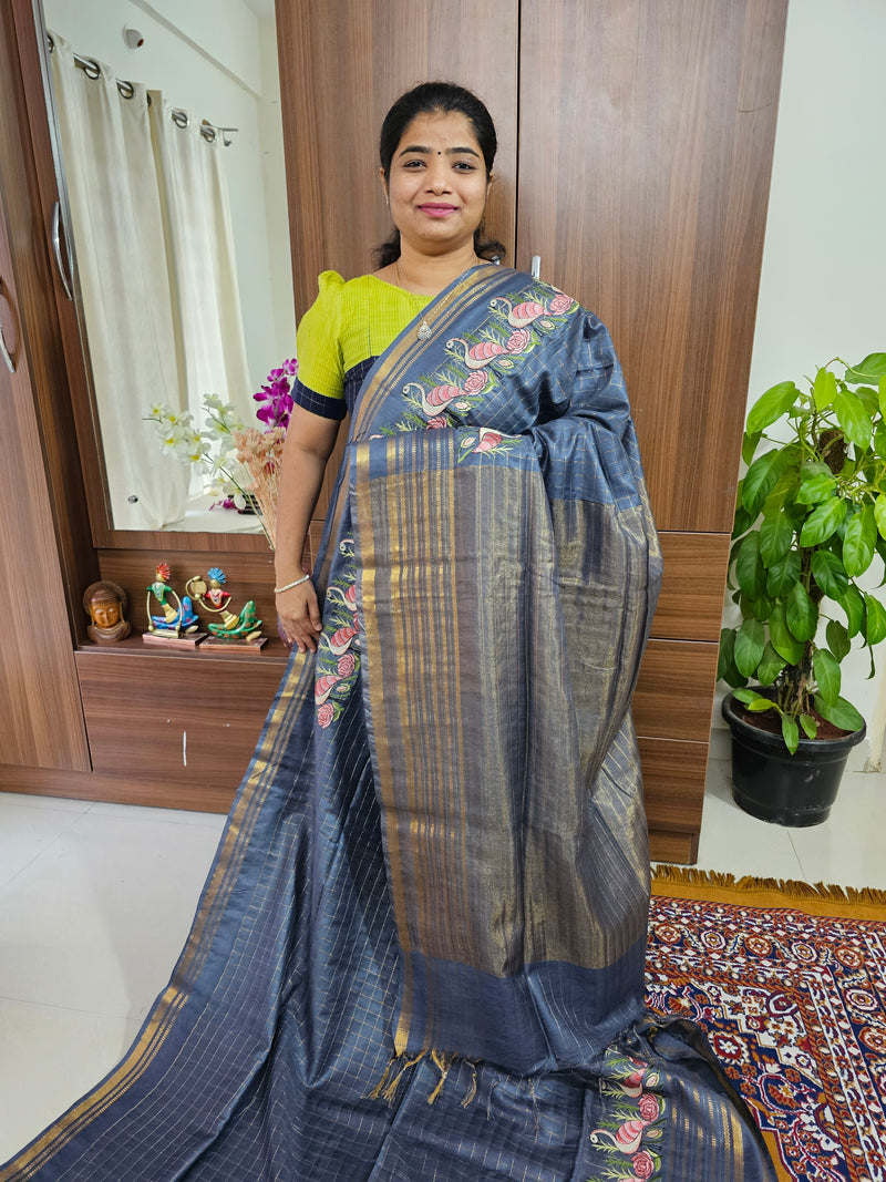 Semi Tussar Checks with Emboridery Saree - Grey