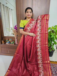 Semi Tussar Checks with Emboridery Saree - Red