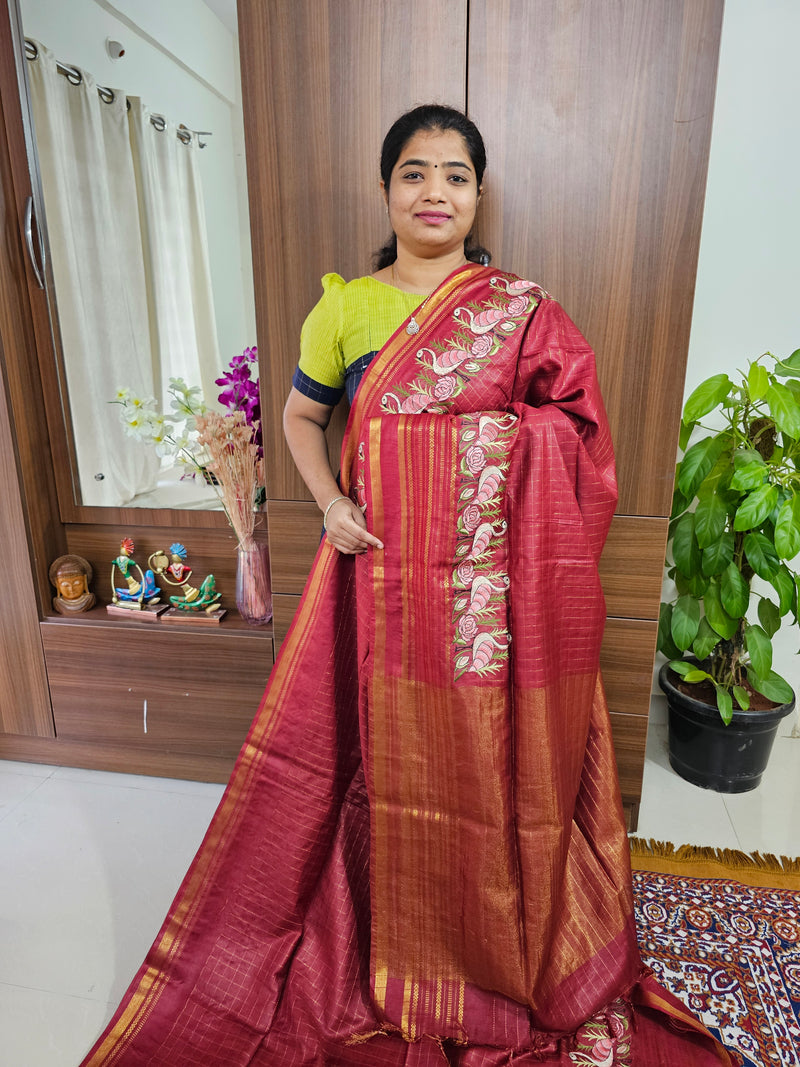 Semi Tussar Checks with Emboridery Saree - Red