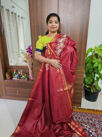 Semi Tussar Checks with Emboridery Saree - Red