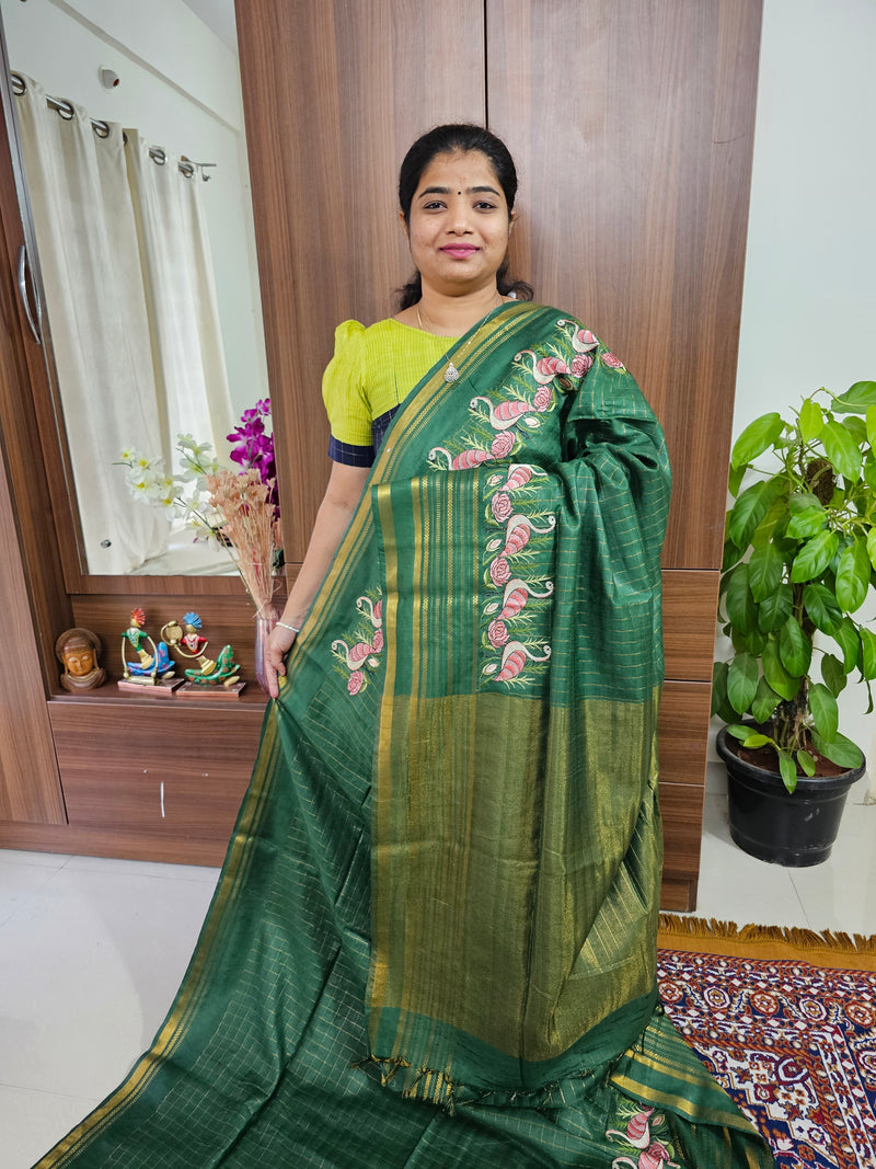 Semi Tussar Checks with Emboridery Saree - Green