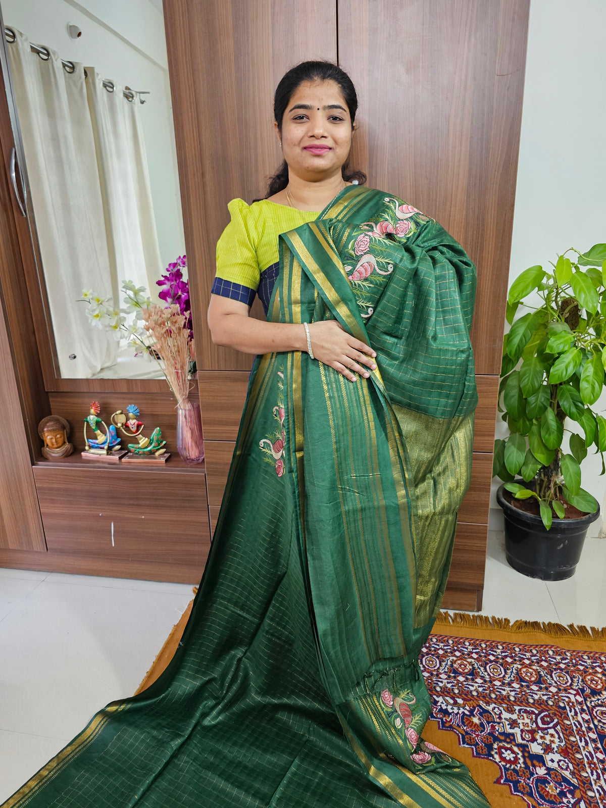 Semi Tussar Checks with Emboridery Saree - Green