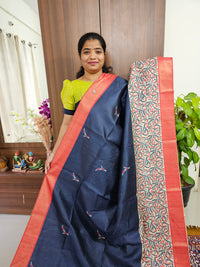 Semi Ghicha Digital Printed Saree - Blue with Red