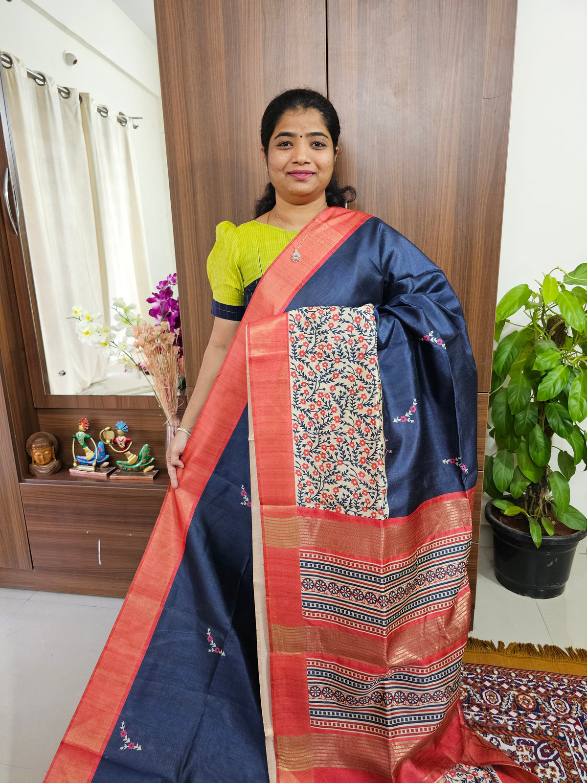 Semi Ghicha Digital Printed Saree - Blue with Red