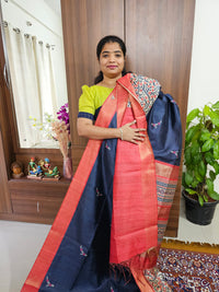 Semi Ghicha Digital Printed Saree - Blue with Red