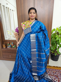 Handwoven Mangalagiri Pattu Saree Big Checks with Mix and Match Pure Tussar Blouse - Peacock Blue