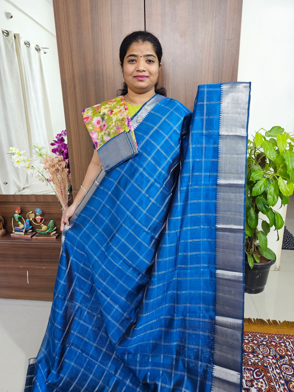 Handwoven Mangalagiri Pattu Saree Big Checks with Mix and Match Pure Tussar Blouse - Peacock Blue