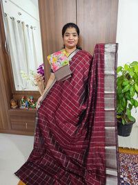 Handwoven Mangalagiri Pattu Saree Big Checks with Mix and Match Pure Tussar Blouse - Maroon