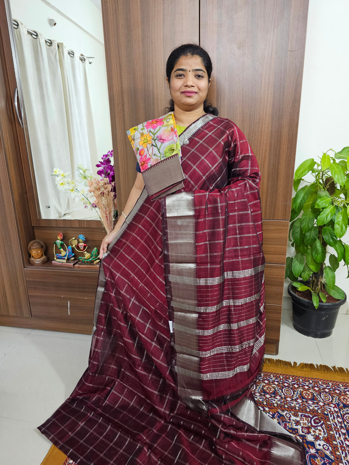 Handwoven Mangalagiri Pattu Saree Big Checks with Mix and Match Pure Tussar Blouse - Maroon