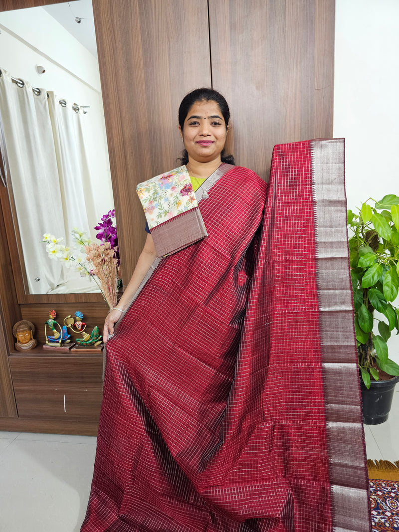 Handwoven Mangalagiri Pattu Saree Small Checks with Mix and Match Pure Tussar Blouse - Maroon