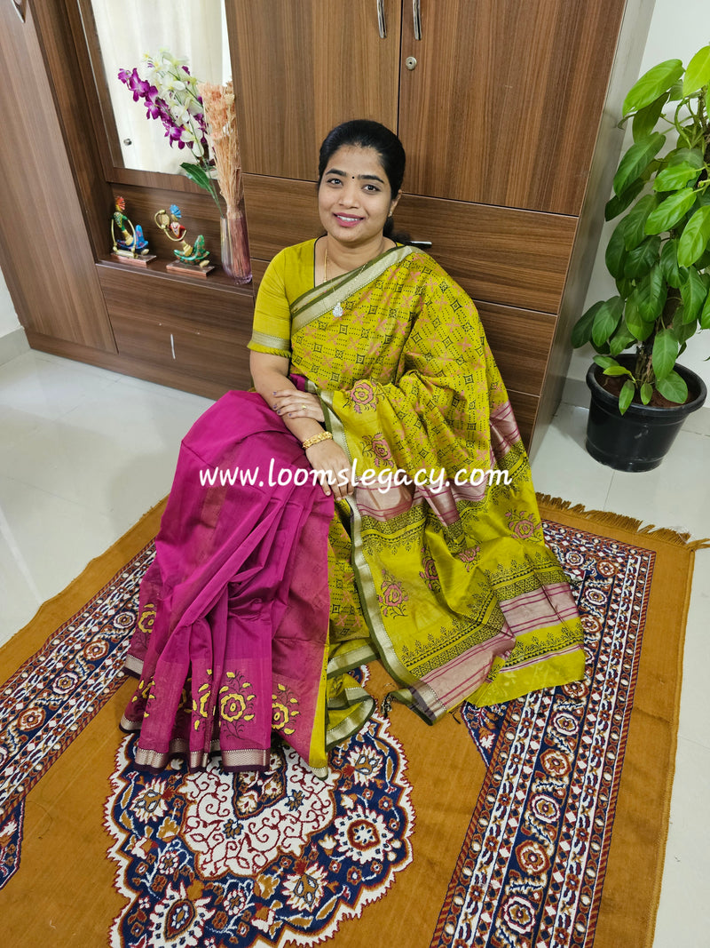 Half & Half Pattern Pure Handloom Maheshwari Silk Cotton Weaves - Mustard Yellow with Pink