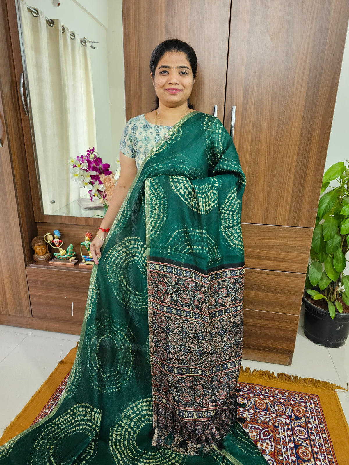 Linen Cotton with Ajark Pallu - Green with Black