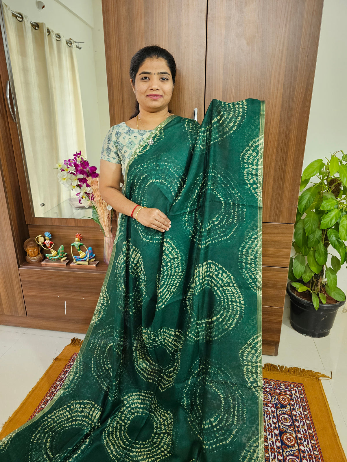 Linen Cotton with Ajark Pallu - Green with Black