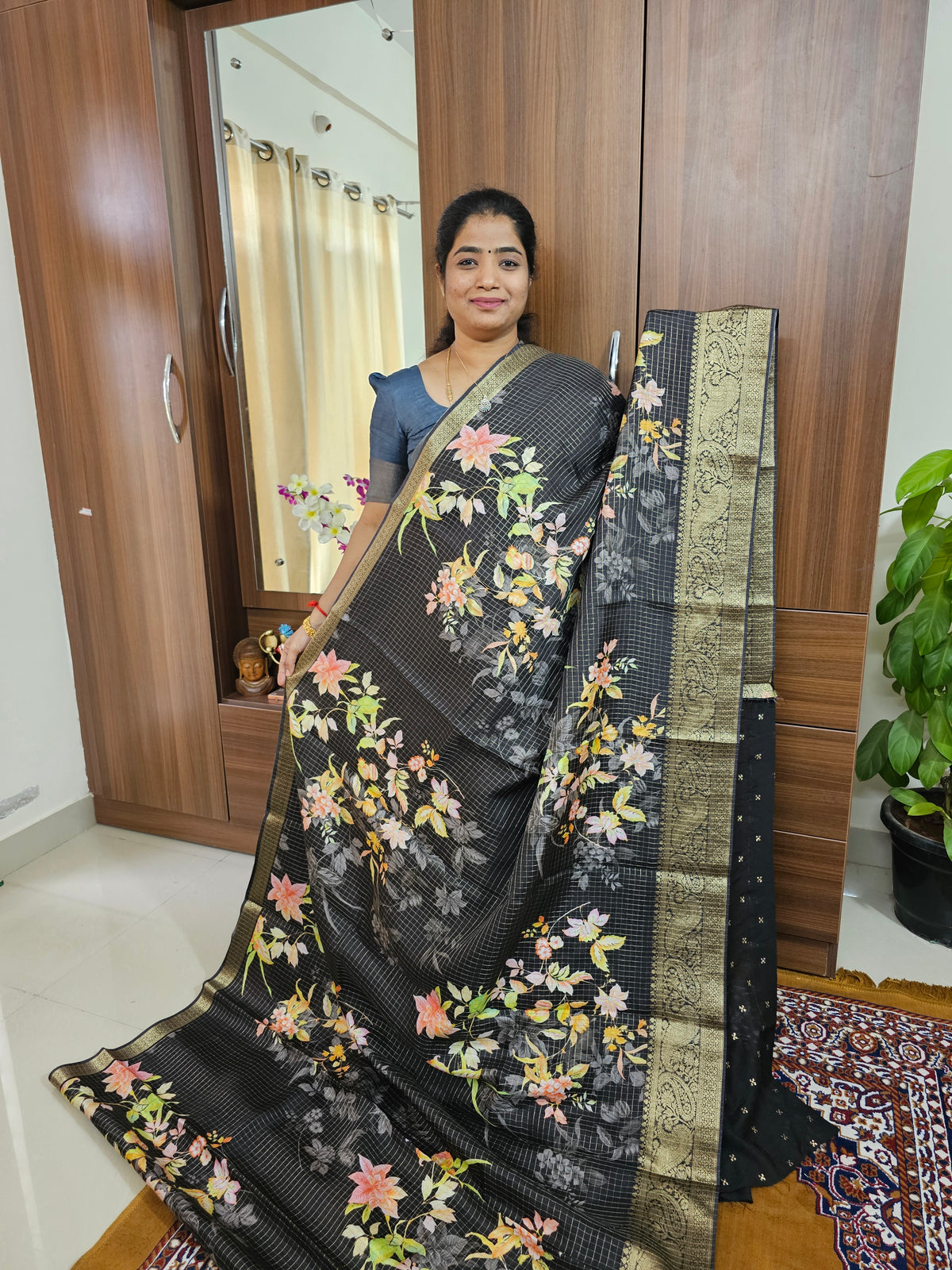 Silk Georgette Saree with Soft Zari Weaving Checks - Black