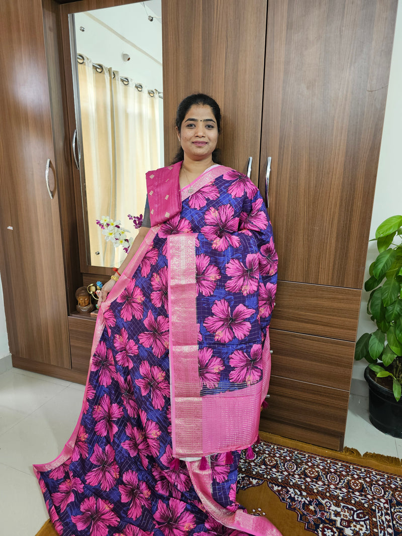 Silk Georgette Saree with Soft Zari Weaving Checks - Pink