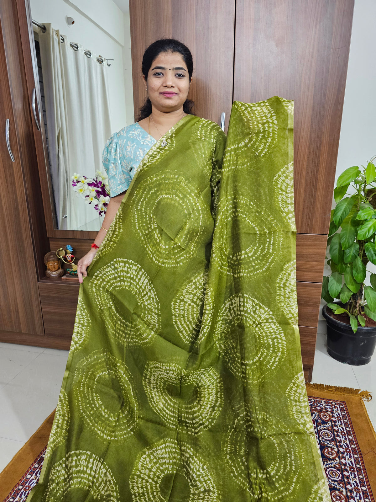 Linen Cotton with Ajark Pallu - Green with Black