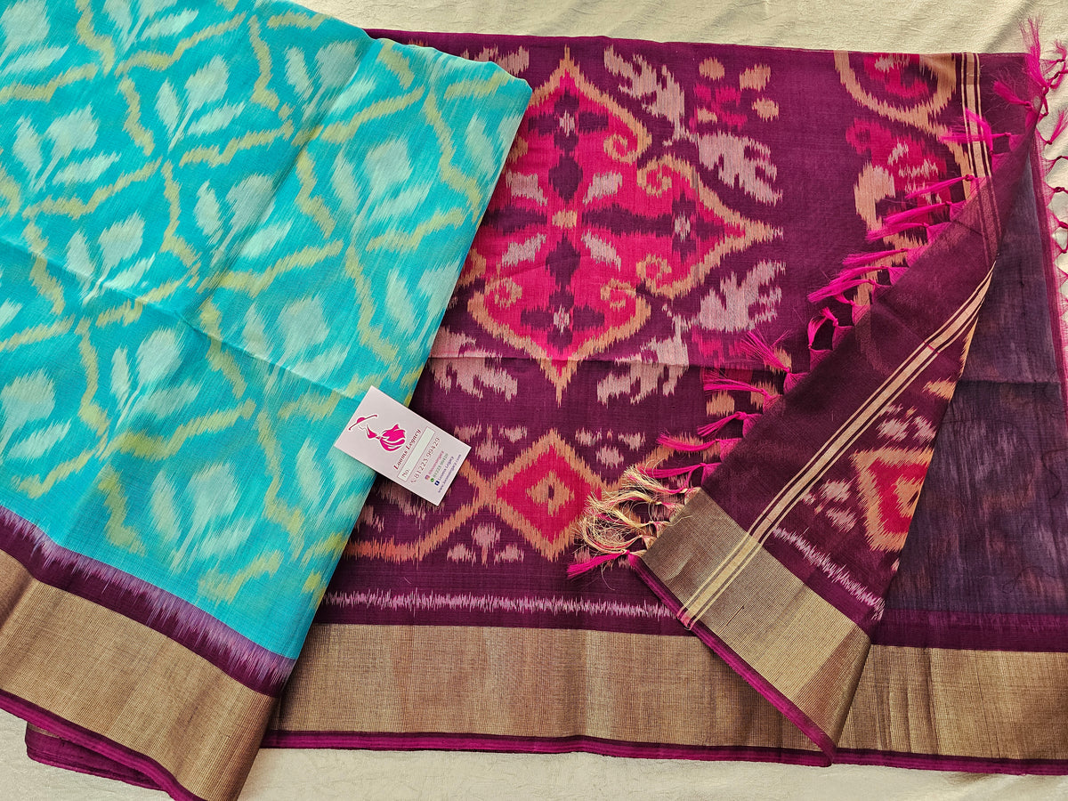 Blue with Magenta Pink Pochampally Ikkat Silk Cotton (SICO Pattu)