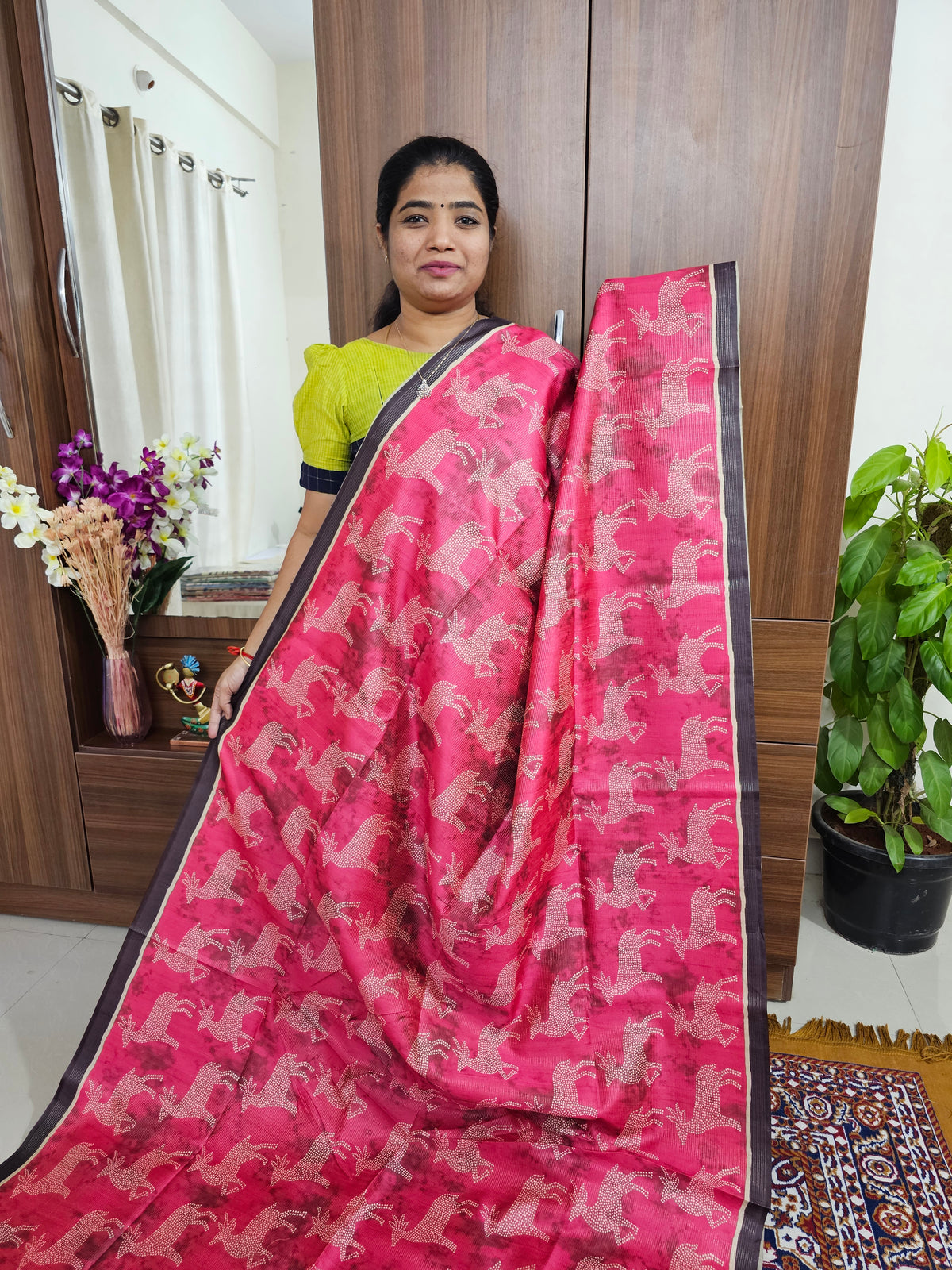 Semi Tussar with Striped Zari Weaving Saree -  Pink with Coffee Brown