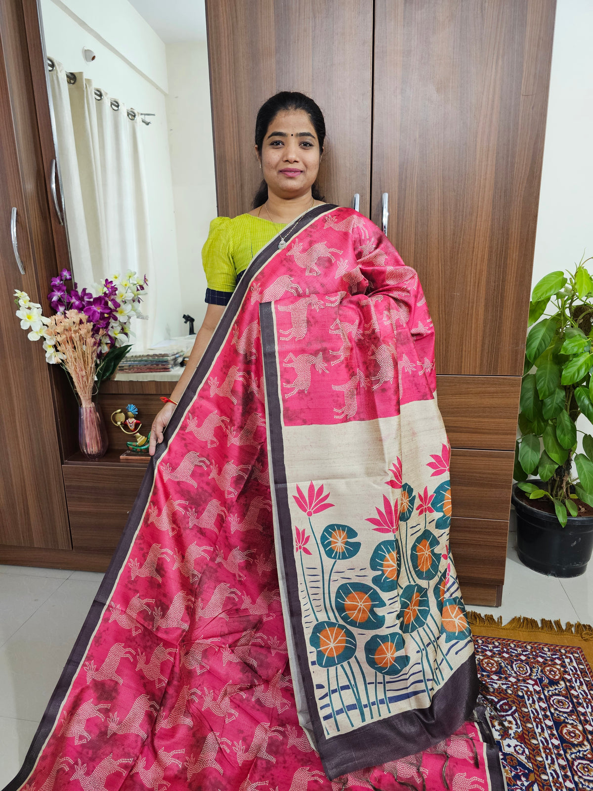 Semi Tussar with Striped Zari Weaving Saree -  Pink with Coffee Brown