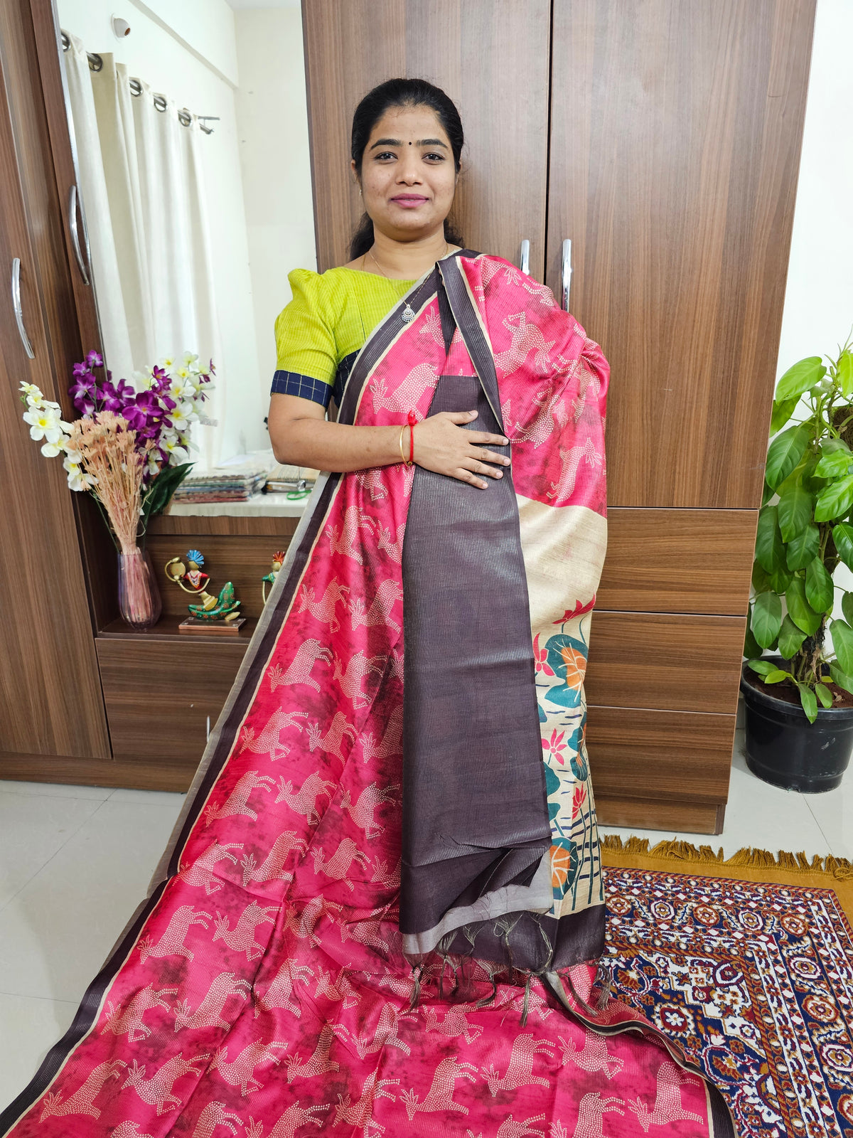 Semi Tussar with Striped Zari Weaving Saree -  Pink with Coffee Brown