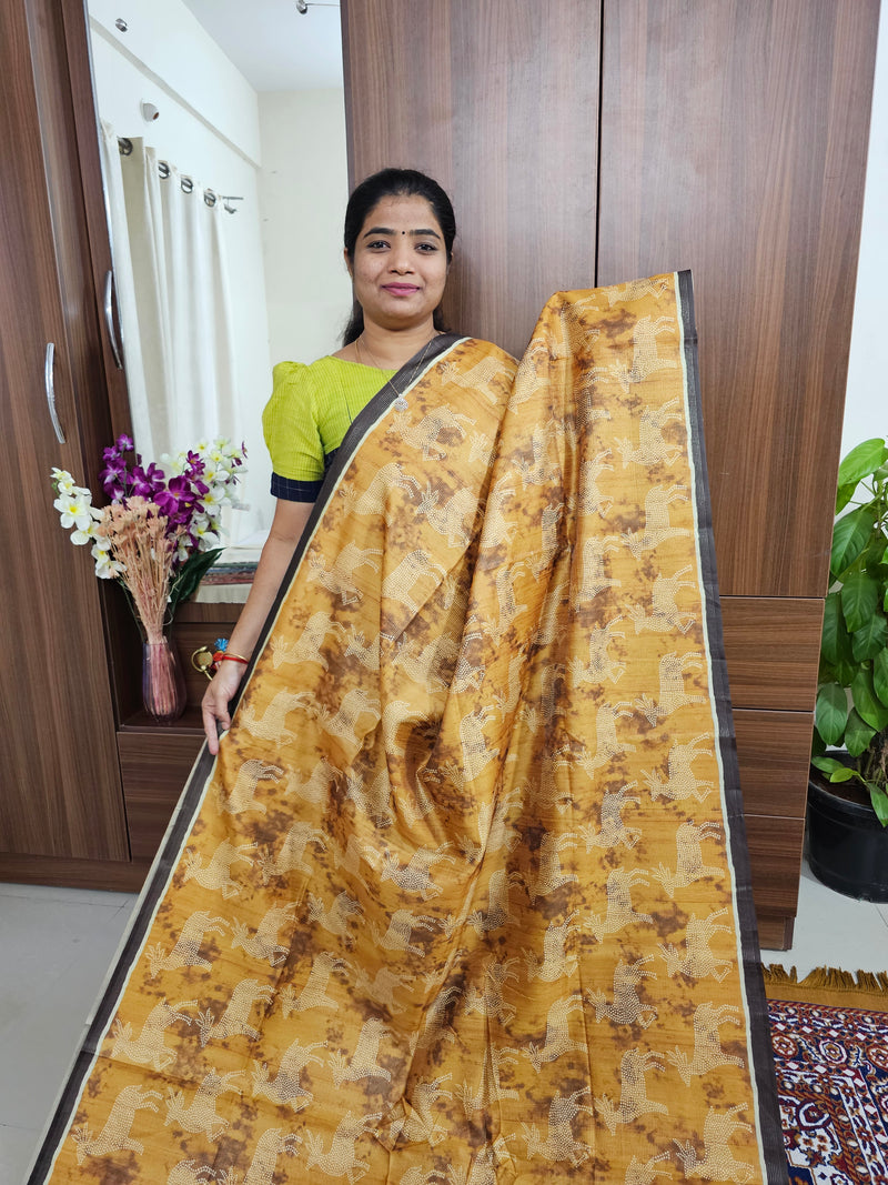 Semi Tussar with Striped Zari Weaving Saree -  Mustard Yellow with Coffee Brown