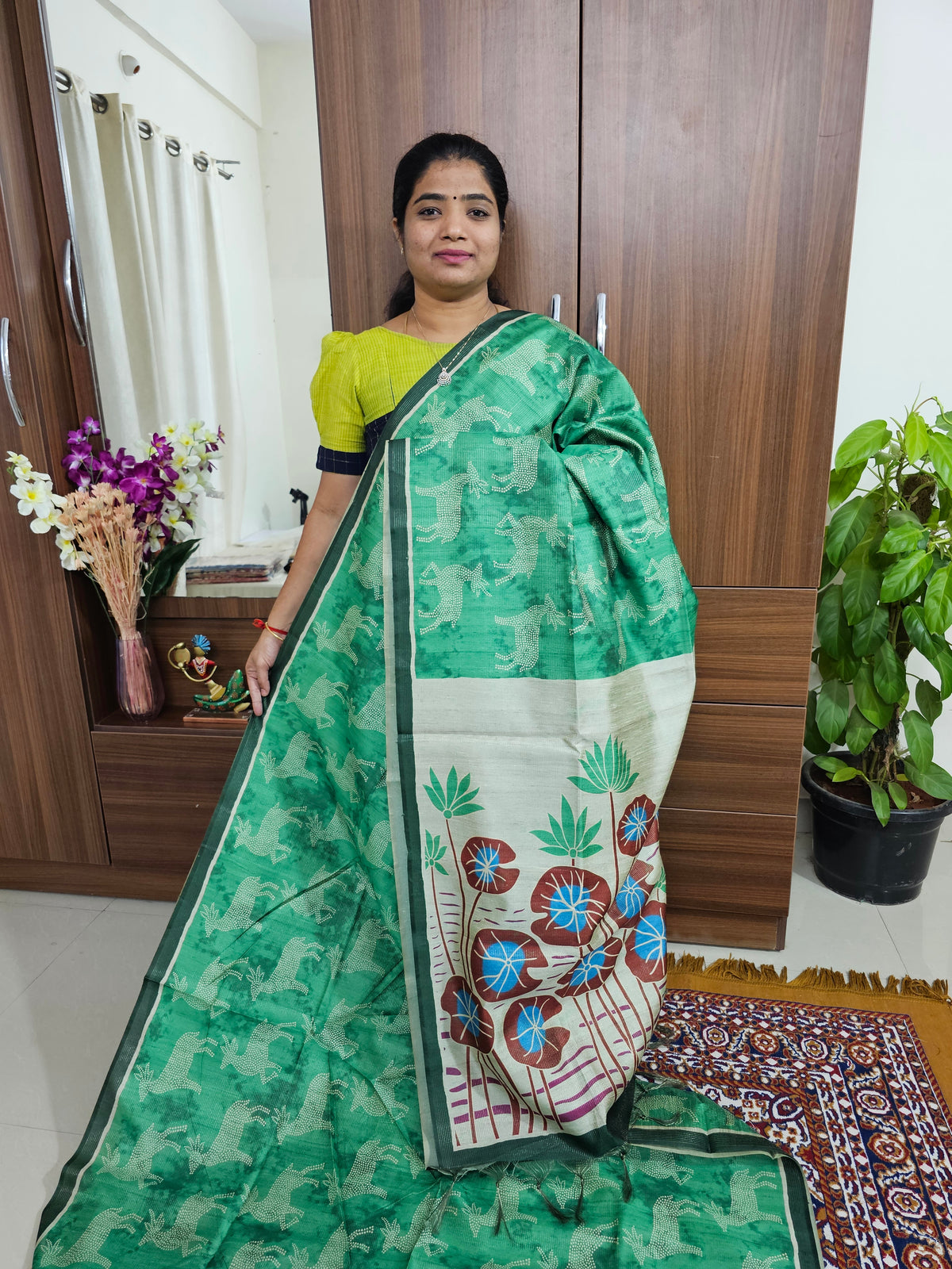 Semi Tussar with Striped Zari Weaving Saree - Sea Green with Dark Green