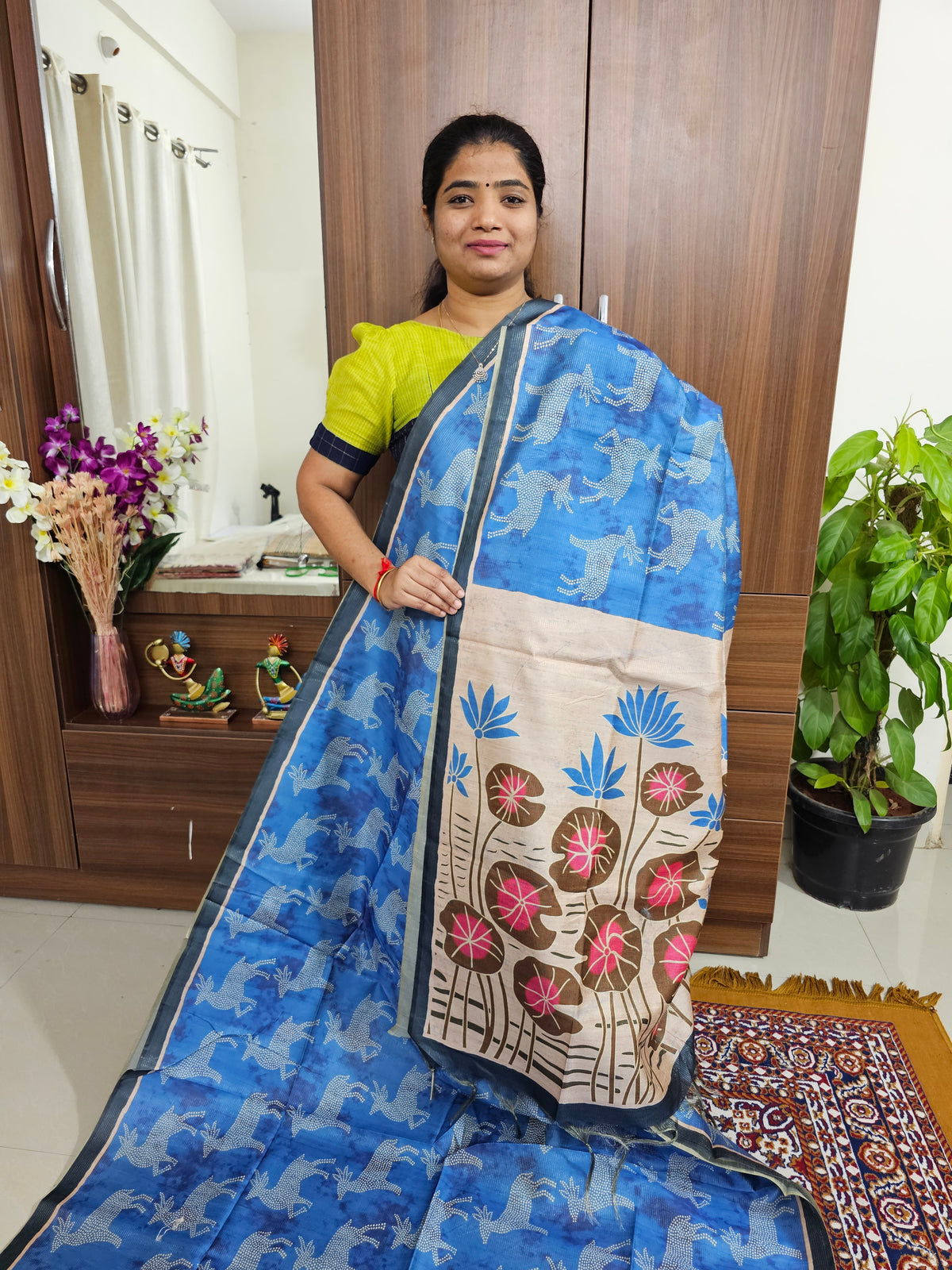 Semi Tussar with Striped Zari Weaving Saree - Blue with Dark Grey